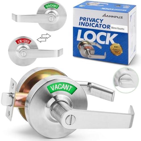 ANNFUZ Vacant Occupied Privacy Bathroom Door Handle Lock,Bathroom Lever Lock with Large Indicator in-Use Sign,ANSI Grade 2 Commercial Door Handle,for Public Restrooms Office Hospital (Brushed Nickel)