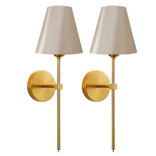KUAUGST Wall Sconces Sets of 2, Retro Industrial Wall Lamps, Bathroom Vanity Sconces Wall Lighting with Gold Fabric Shade, Suitable for Bedroom Living Room Corridor Kitchen
