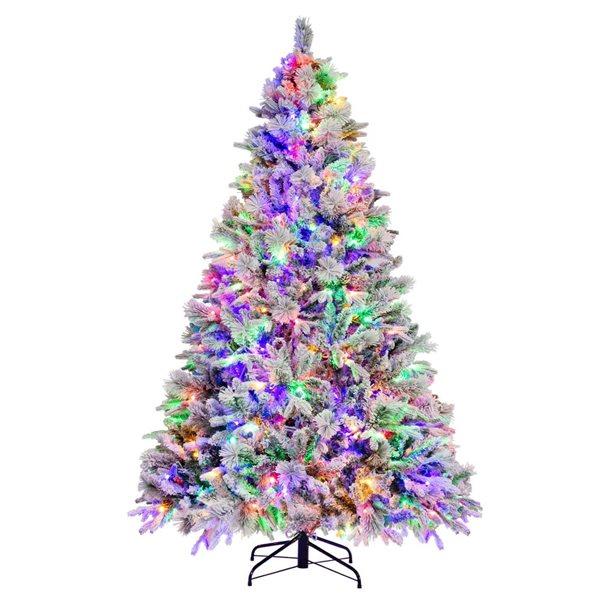 7-ft 320 Light Pre-Lit Snow Flocked Christmas Tree Hinged Xmas Tree with 8 Modes