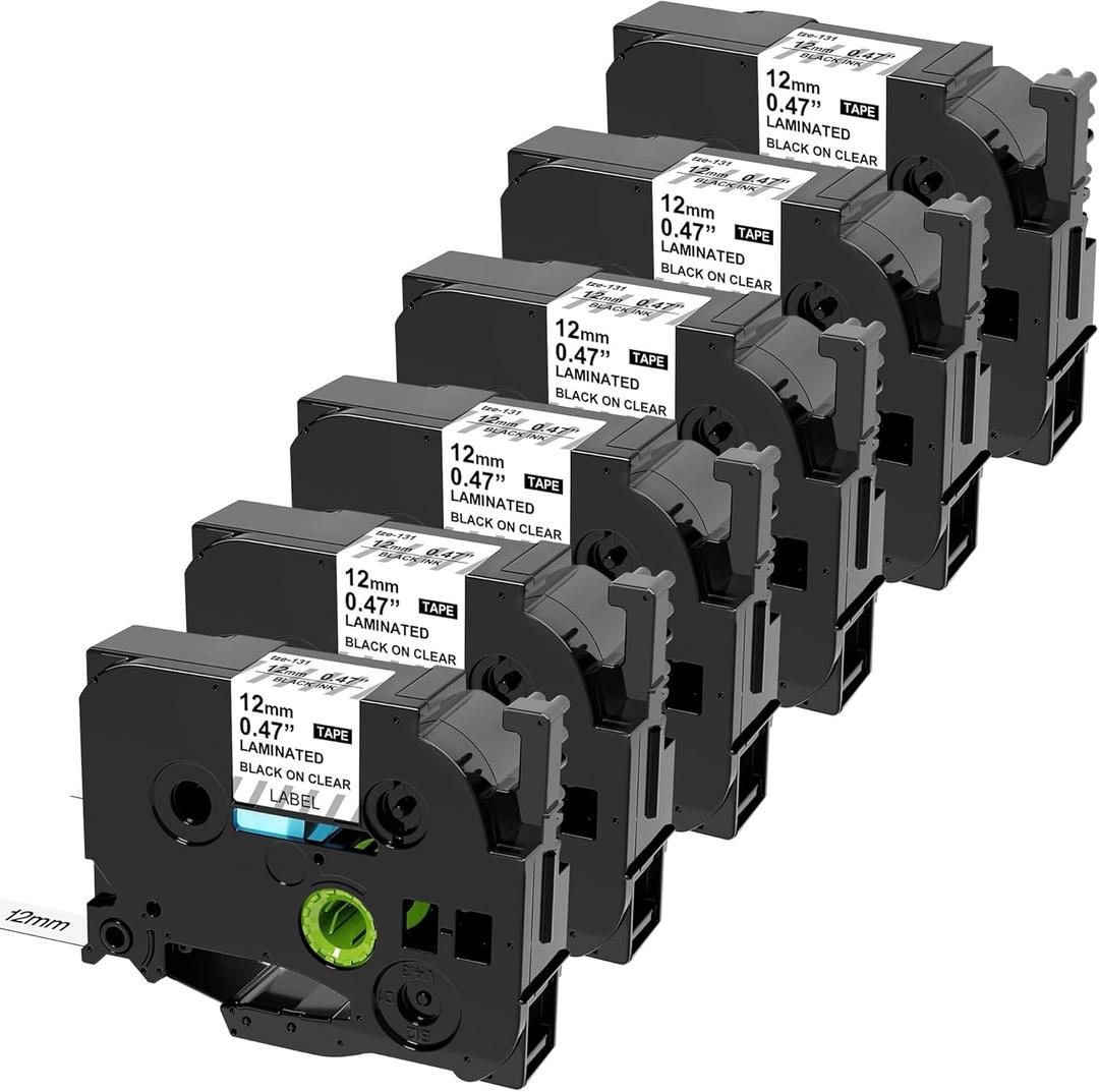 TZe-131 12mm 0.47 Laminated Clear Label Tape Compatible for Brother Label Maker Tape 12mm 0.47 Clear for Ptouch PT-D210 PT-H110 PT-D220 PT-D400 PT-D600, Black on Clear, 6 Packs