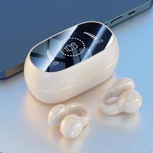URIZONS Clip-On Bluetooth Earbuds – Wireless TWS Earphones with Charging Case and Digital Mirror Display – Beige – Ideal for Sports