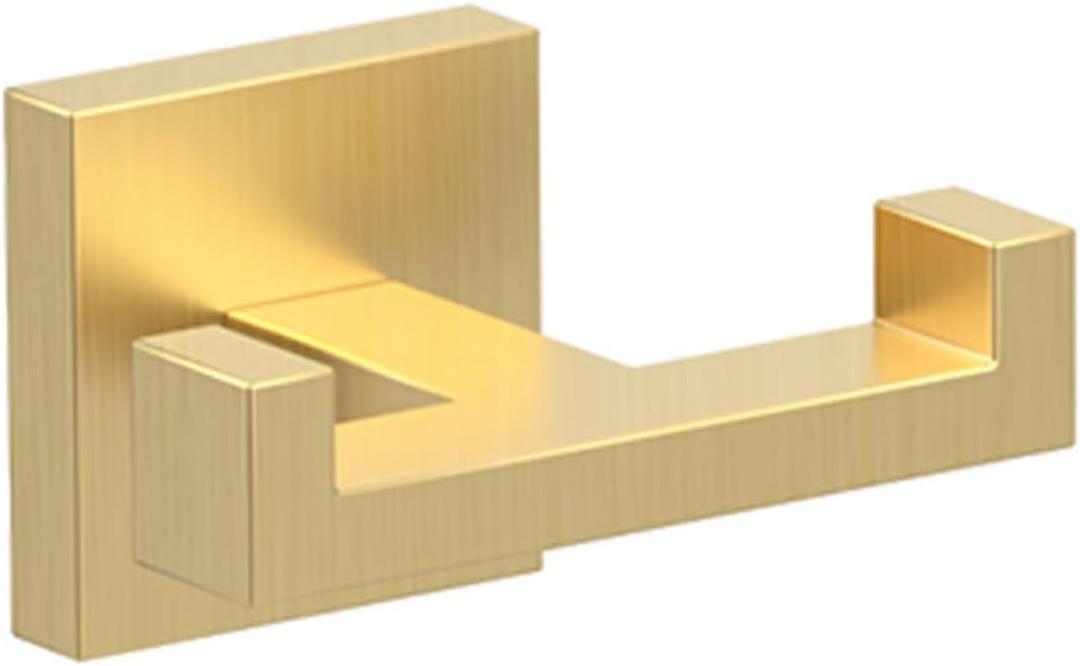 BOZWELL Double Towel Hooks for Bathroom Light Brushed Gold Wall MountSimple Modern Square Style Coat Robe HookStainless Steel Heavy Duty Door Hanger for Bathroom Bedroom Kitchen Hotel Pool 1502-G-1