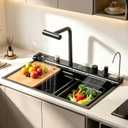 30in Black Drop In Kitchen Sink Multifunctional Digital Display Smart Drop In Kitchen Sink Honeycomb Nano Modern Kitchen Sinks with Cutting Board & 4 in 1 Pull-Out Faucet Workstation Sink