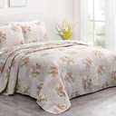 Chezmoi Collection Rosy 3-Piece Printed Patchwork Cotton Quilt Set, Oversized King - Pink Flower Floral Striped Polka Dots - Stone Washed Lightweight Bedspread