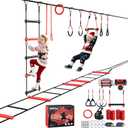 Hapfan Ninja Warrior Obstacle Course for Kids with Rickety Bridge, 50 FT Slackline Kit with Weather-Proof Obstacles, Outdoor Jungle Gym Climbing Toys for Backyard