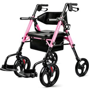 2-in-1 Rollator Walker Transport Wheelchair Combo for Seniors with seat | 10" all-terrain tires|300 lbs Capacity|Foldable|Wide padded seat with backrest|Hand Anti-tip brakes|Adjustable height, Pink