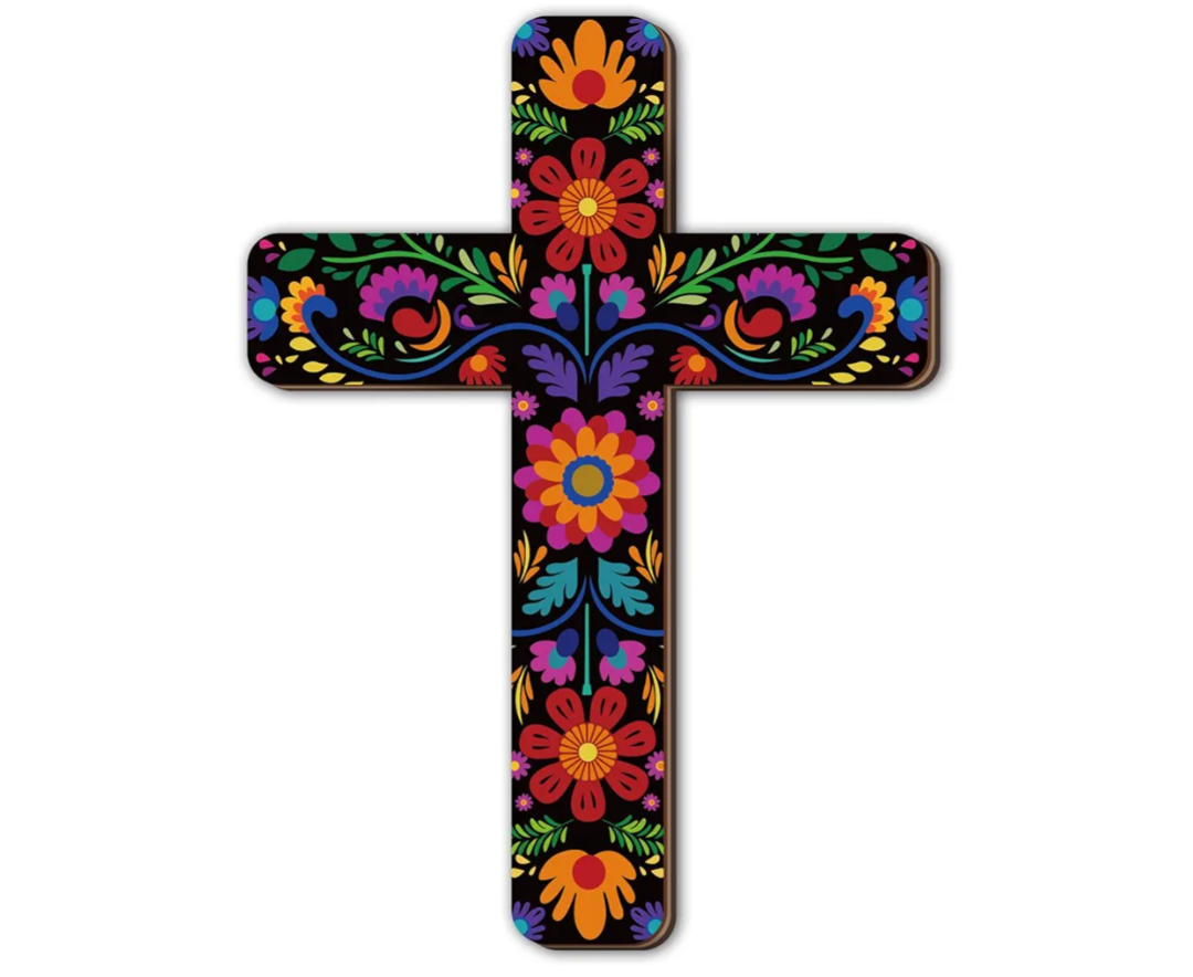 Maitys Floral Cross Wall Decor Hand Painted Decorative Inspirational Wooden Cross Mexican Art Wall Decor Mexican Crucifix for Home Room Church Decoration (Retro Style)