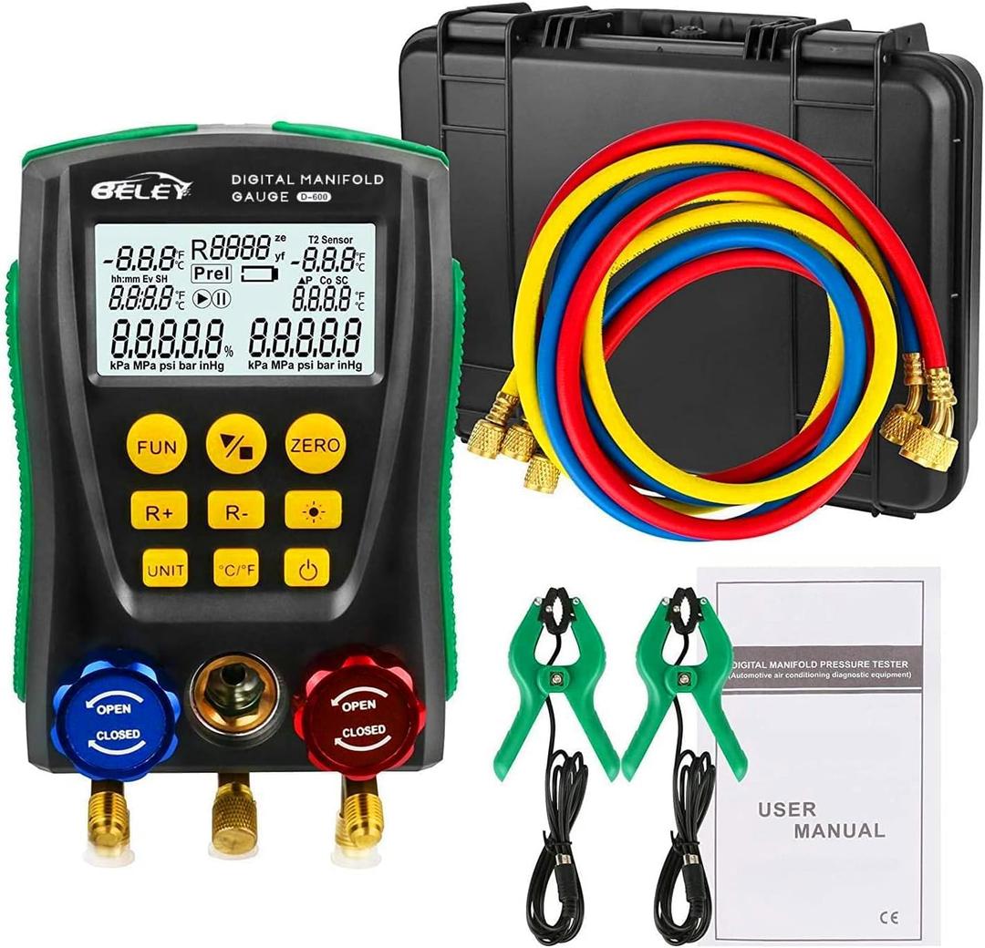 BELEY Digital Manifold HVAC Gauge Set,93 Refrigerants Dual Pressure&Temp Test with Temperature Clips and Hoses Vacuum AC Gauges for R1234YF R134A R404A R410A R32 R744CO