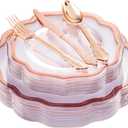 NOCCUR 150PCS Rose Gold Plastic Plates&Rose Gold Silverware-Include 30Dinner Plates, 30Salad plates, 90 Disposable Rose Gold Utensils- Ideal for Weddings/Party/Mother's Day
