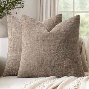 Woaboy Set of 2 Textured Throw Pillow Covers Decorative Soft Accent Square Chenille Pillowcases Neutral Farmhouse Cushions Modern Home Decor for Couch Sofa Bedroom Living Room 18x18 Inch, Taupe Gray