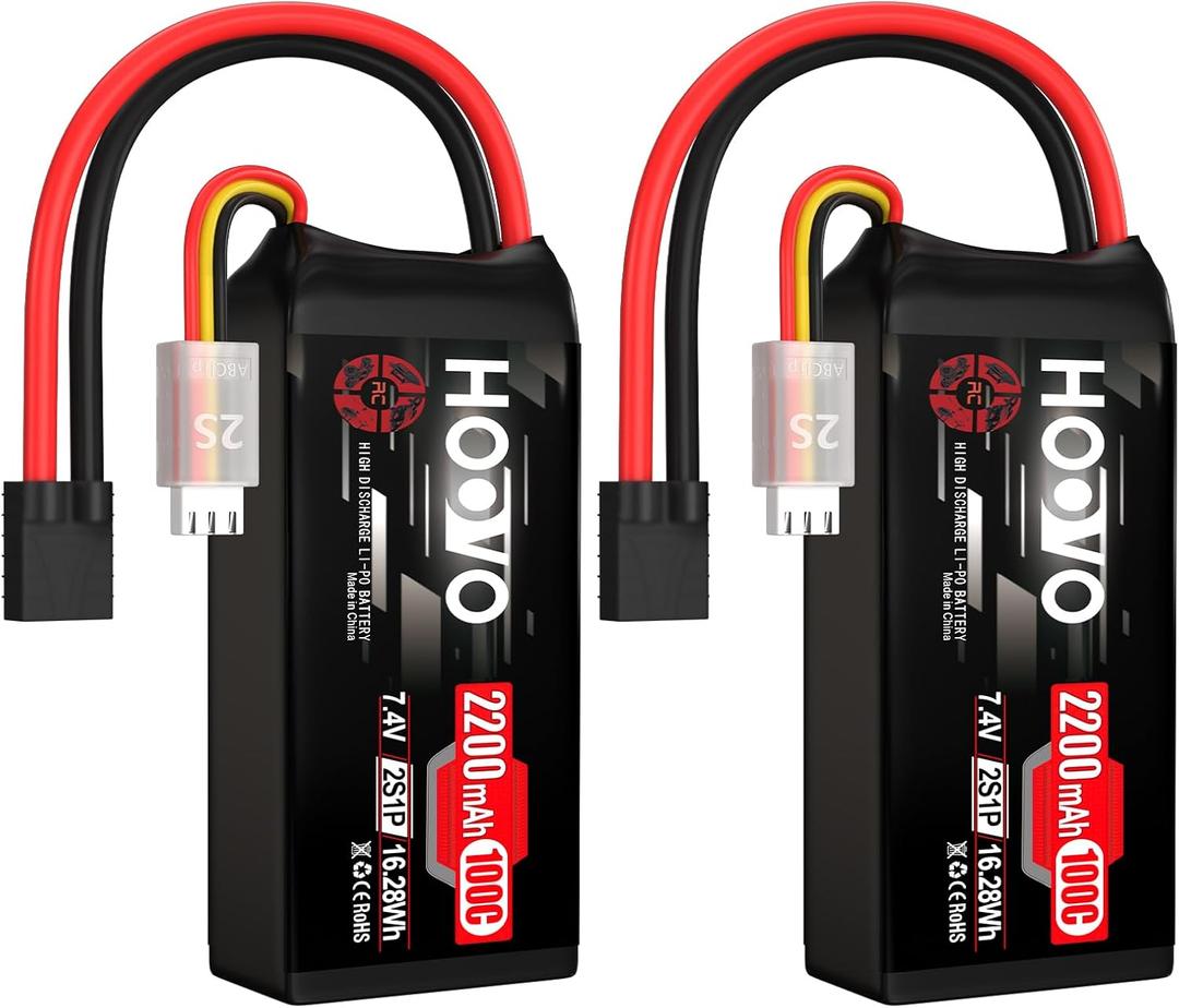 HOOVO 2S Shorty Lipo Battery 2200mAh 100C 7.4V RC Lipo Battery with TR Connector for FPV Racing Drone RC Airplane Helicopter Quadcopter Car-2 Pack