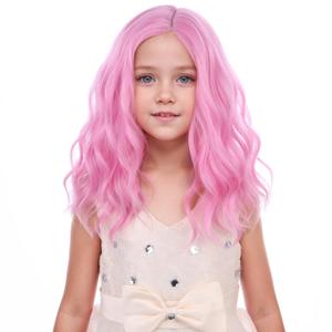 Kids Light Pink Wig Girls Short Wavy Pink Bob Wig Heat Resistant Synthetic Hair Wigs for Cosplay Party
