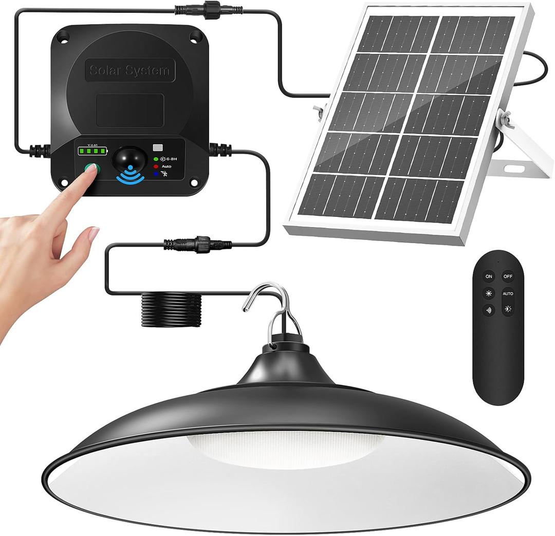 APILAB Solar Shed Light Indoor Outdoor, 2000LM Motion Sensor Pendant Light, Daytime Solar Indoor Lights with 4 Lighting Modes Remote Control for Barn, Patio, Gazebo, Shop, Garage (1 Pack)