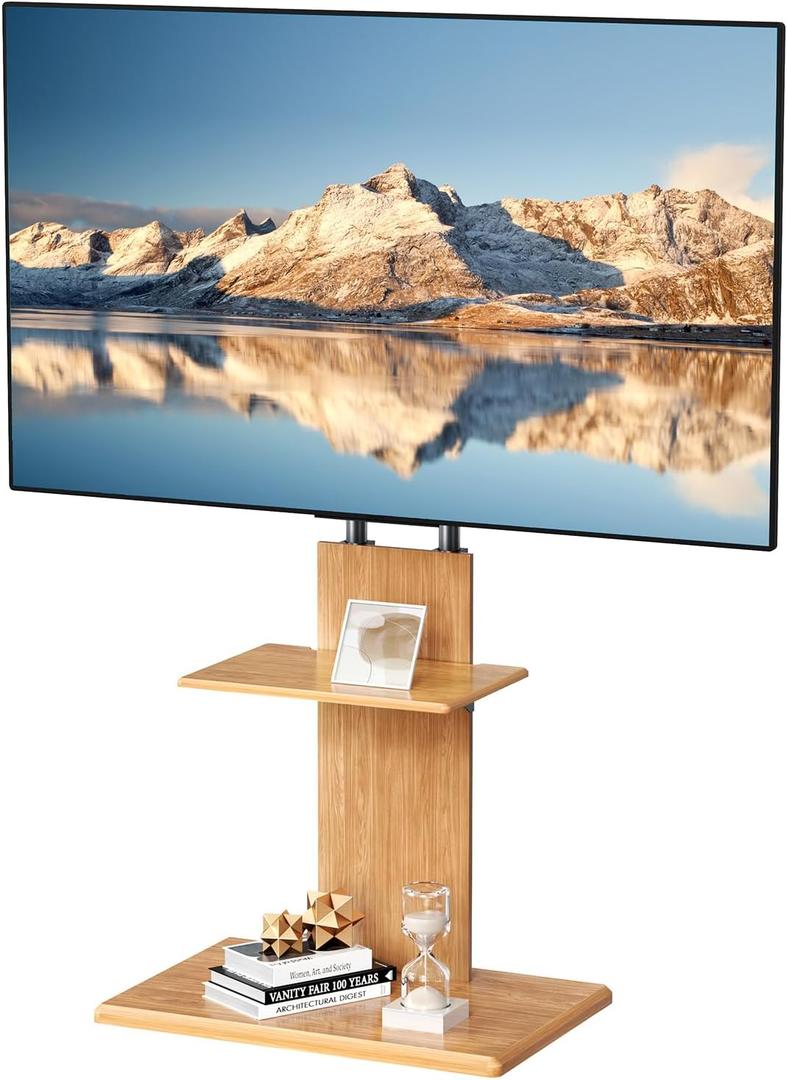 Universal Floor TV Stand with Height Adjustable and Media Shelf for 32-70 inch Flat Screen TV, Swivel TV Mounts Stand with Solid Wood Base for Living Room, Light Walnut