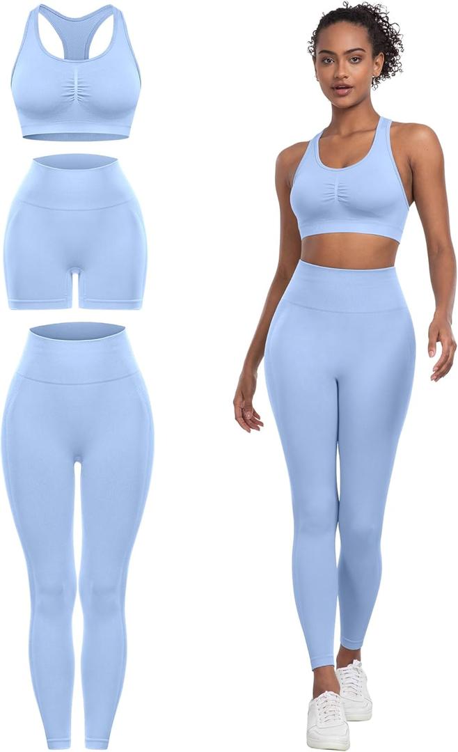 3 Piece Workout Sets for Women Butt Lifting Leggings with High Impact Sports Bra Gym Shorts (Large, Light Blue)