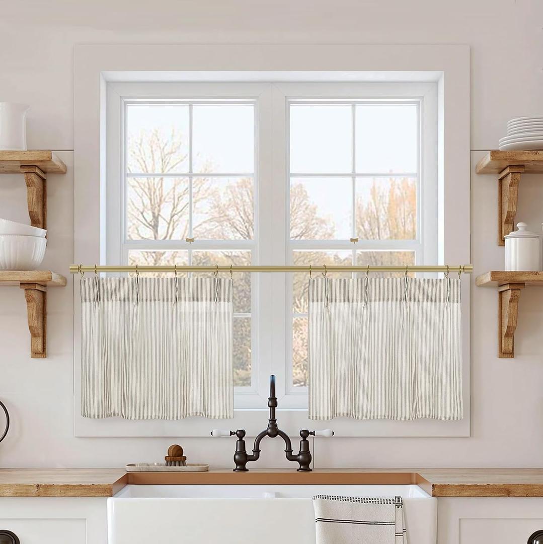 Lino Rosa 15 Inch Curtains Length,Cafe Striped Linen Farmhouse Sheer Small Window Curtains for Kitchen Bathroom,24 x 15 Inch Long 2 Panels Set (Taupe)