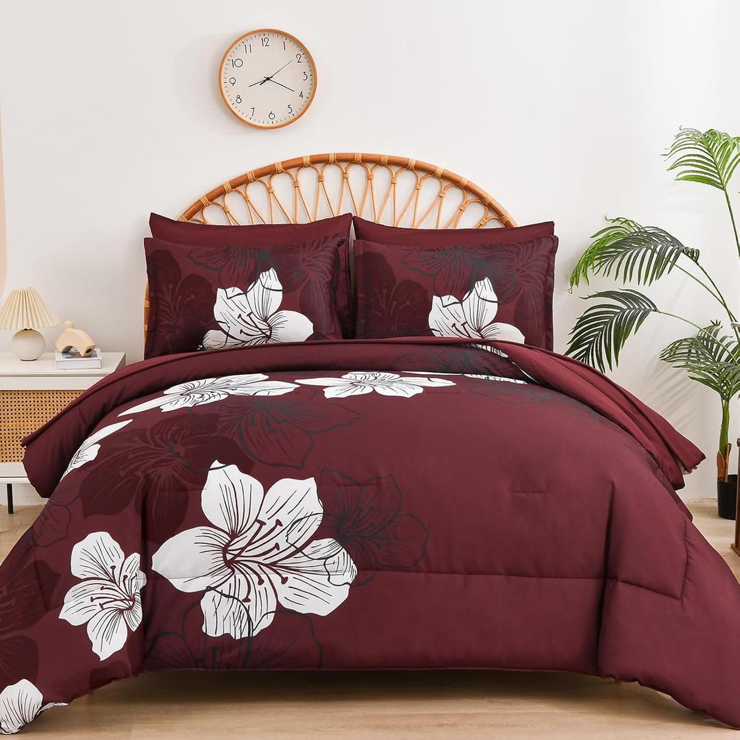 Luxudecor 7 Pieces Queen Size Comforter Set, Burgundy Floral Bed in a Bag Comforter and Sheet Set, Soft Microfiber Lightweight Bedding Set for All Season 90"90"