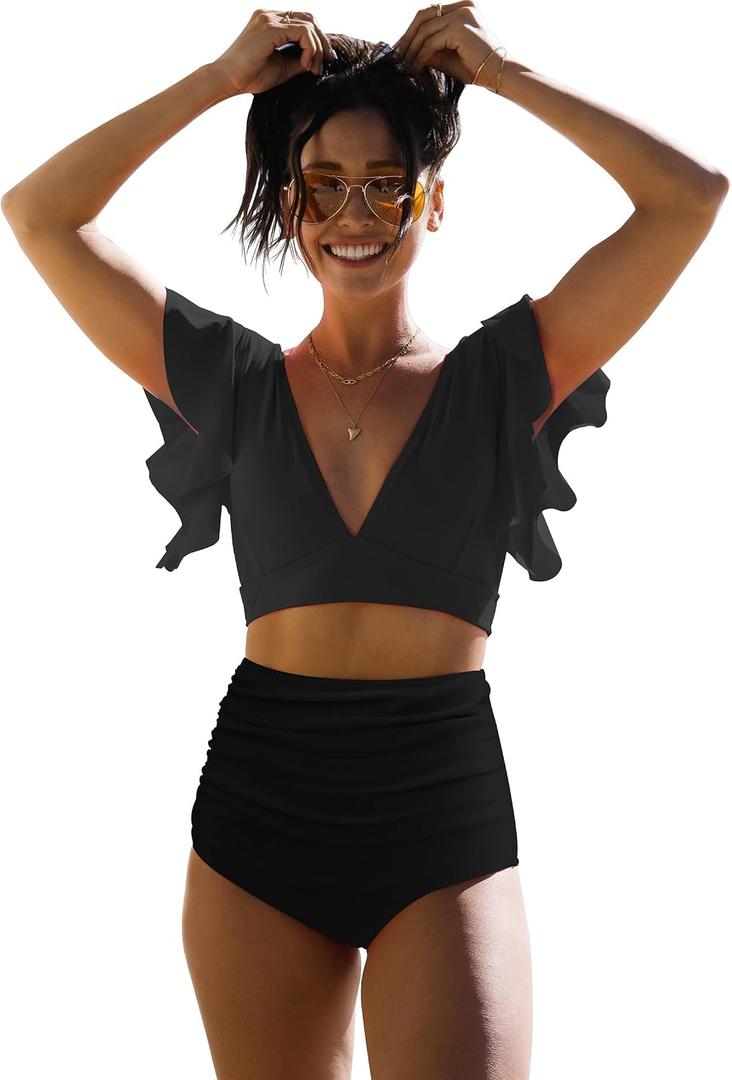 SPORLIKE Women Ruffle High Waist Swimsuit Two Pieces Push Up Tropical Print Bikini (Black, XL)