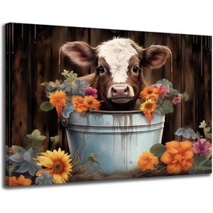 GLOKAKA Highland Cow Bathroom Wall Art Baby Cow in Bucket with Coloful Flowers Picture Prints Painting Farmhouse Animal Wall Decor Rustic Cattle Artwork for Nursery Home Decor (24"L x 16"W)
