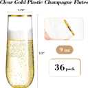 N9R 36PCS Plastic Champagne Flutes, 9 Oz Stemless Disposable Gold Rim Toasting Glasses, Crystal Clear Cocktail Cups Drinkware Shatterproof Ideal for Party Wedding Birthday, 36 Count