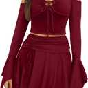 Ophestin Womens Y2K Fairy Dress Off Shoulder Handkerchief 2 Piece Skirts Set Fairycore Halloween Dress (Small, Burgundy)