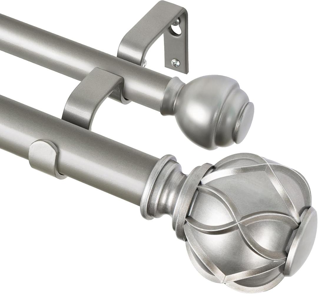 KAMANINA 1 Inch Double Curtain Rods for Windows 140 to 195 Inches (12-16 Feet), Silver Heavy Duty Double Curtain Rod, Telescoping Drapery Rod with Netted Texture Finials