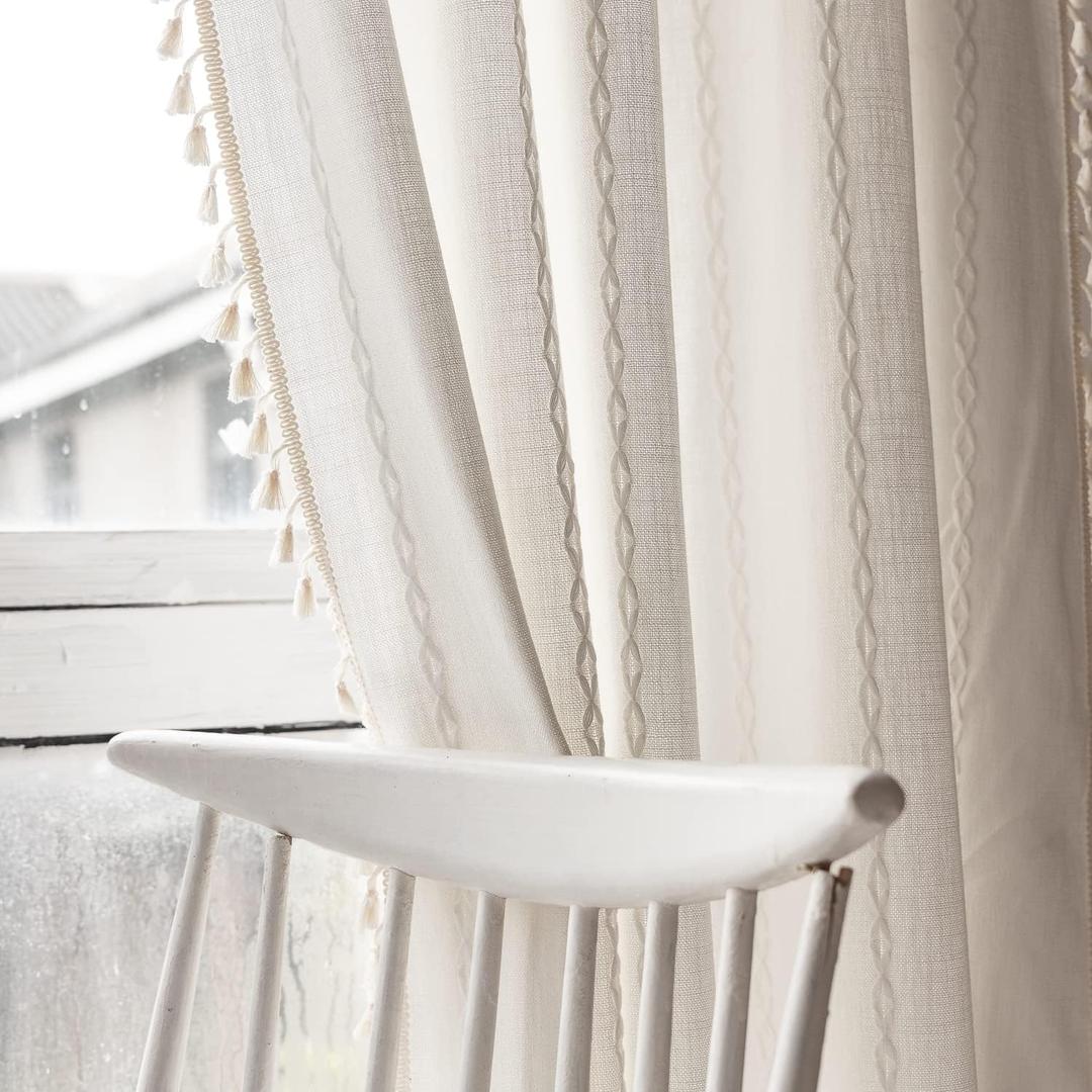Deeprove White Boho Curtains 96 Inches Long for Nursery Bedroom Christmas Decor, Bohemian Embroidery Cream Weighted Cotton Linen French Country Window Treatments with Tassel, W52 x L96, 1 Panel (52"W x 96"L (Pack of 1))