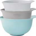KitchenAid Universal Nesting Plastic Mixing Bowls, Set Of 3, 2.5 quart, 3.5 quart, 4.5 quart, Non Slip Base with Easy Pour Spout to Reduce Mess, Dishwasher Safe, Aqua Sky, White, Gray