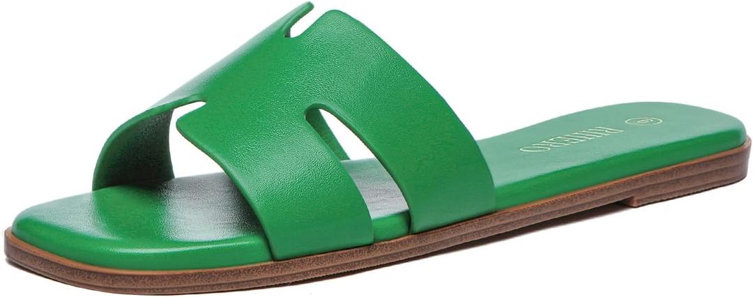 Rihero Women's Dressy Flat Sandals Comfortable Slip On Leather Slide Sandals 