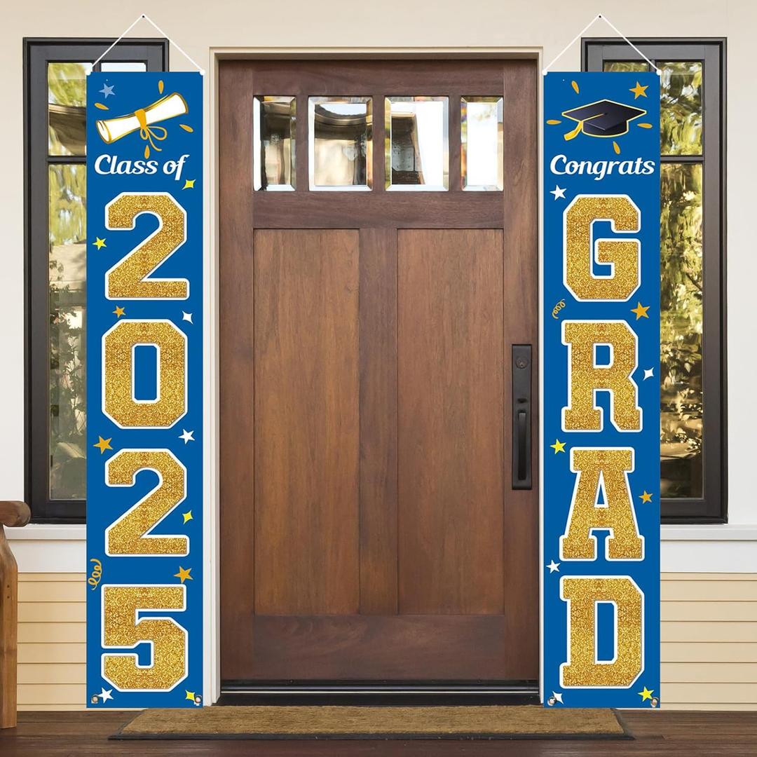 KMUYSL Graduation Decorations Class of 2025, Blue & Gold Congrats Grad Banner Hanging Flags Porch Sign, 2025 Graduation Decorations Party Supplies for Any School Indoor/Outdoor Decor