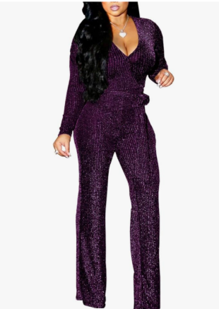 LightlyKiss Women Casual Sexy V Neck Sparkly Jumpsuits Long Sleeve Onesie Loose Pants Party Clubwear with Belt, XL