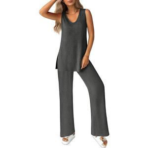 Ekouaer Women's 2 Piece Lounge Set 2025 Summer Matching Sets Sleeveless V-neck Tank Top Long Pants Pajamas Knit Outfits L