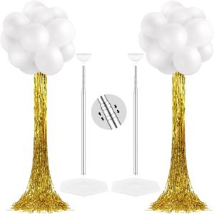 Gejoy 2 Set White and Gold Graduation Decorations Graduation Balloon Column Stand Kit with 50 Balloons 2 Gold Foil Fringe Backdrop Curtains 2 Adjustable Tower Stand with Base for 2026 Grad Party Decor
