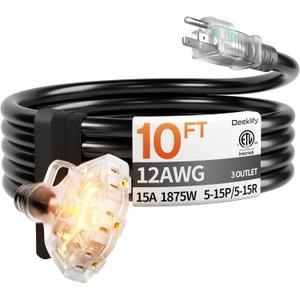 10 ft 12 Gauge 3 Outlet Extension Cord Splitter with Indicator, Waterproof Indoor/Outdoor Extension Cord with Multiple Outlets, 15A 1875W for Home & Workshop, ETL Listed, Flexible Black SJTW