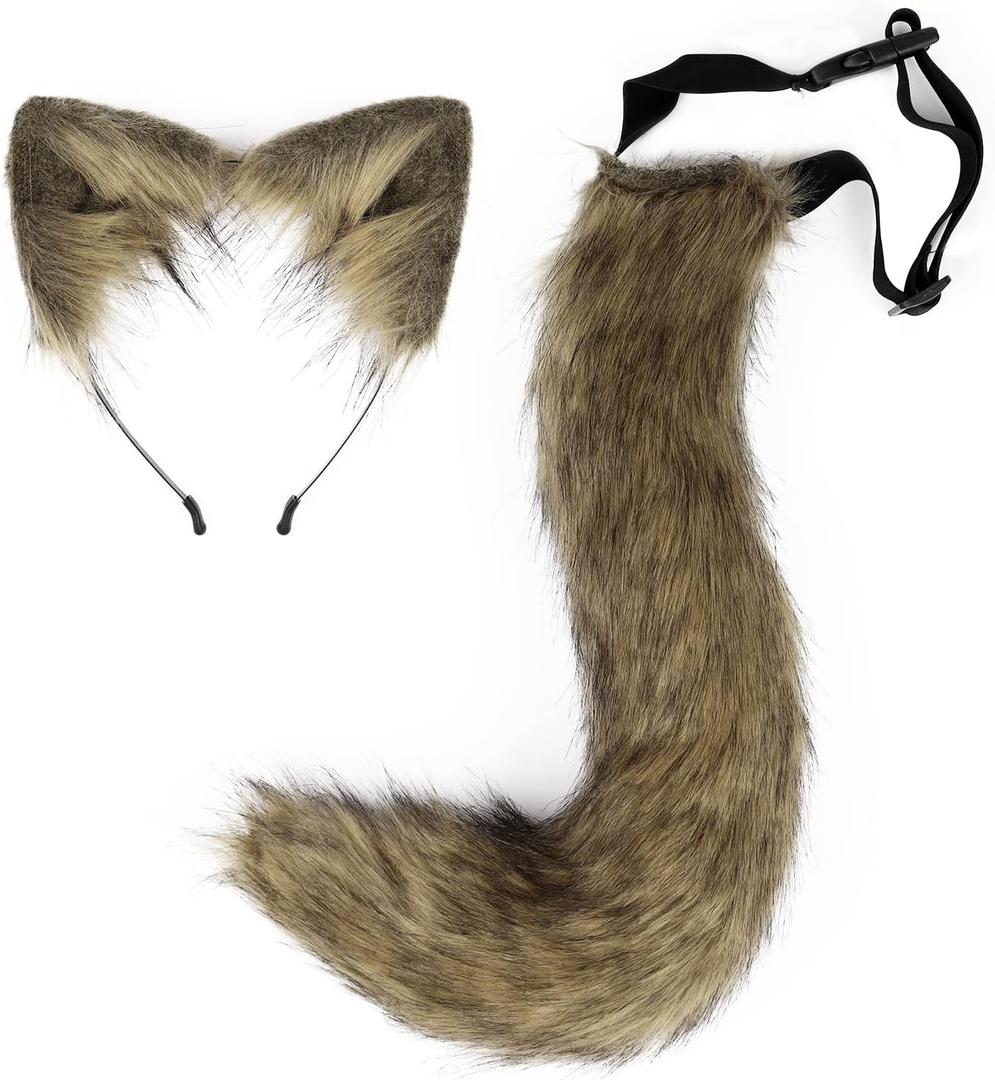 HAOAN Faux Fur Fox Tail and Ears Headband Set Werewolf Costume Accessories Halloween Party (Caohuang)