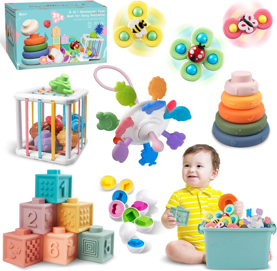 Weilim Baby Toys for 6 to 12 Months, Montessori Sensory Bins & Teething Toys, 6 in 1 Stacking Blocks, Rings, Eggs, Spinner, Crab Shape, 27 Pieces, Ages 6-36 Months