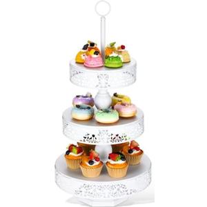 Dandat 1 Pcs Cupcake 3 Tiered Metal Dessert Stand Round Cupcake Tower Cake Holder Stand Tiered Serving Tray for Wedding Baby Shower Birthday Tea Party Table Decor (White)