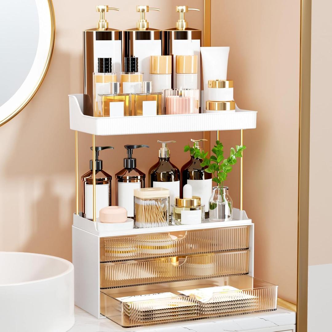 StorBin 3 Large Drawers Makeup Organizer - 5 Tier Bathroom Counter Organizers and Storage, Versatile Perfume Vanity Organizer, Ideal for Cosmetic, Large Skincare, Face Mask, Office Supplies, Amber