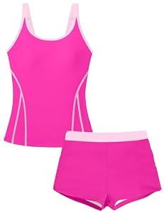 DONWEN Girls Tankini Swimsuits Size 15-16 Years Girls Tankini Swimsuit Tummy Control Bathing Suit for Teen Girl with High Waist Boyshorts Swimsuits for Girl Two Piece Pink