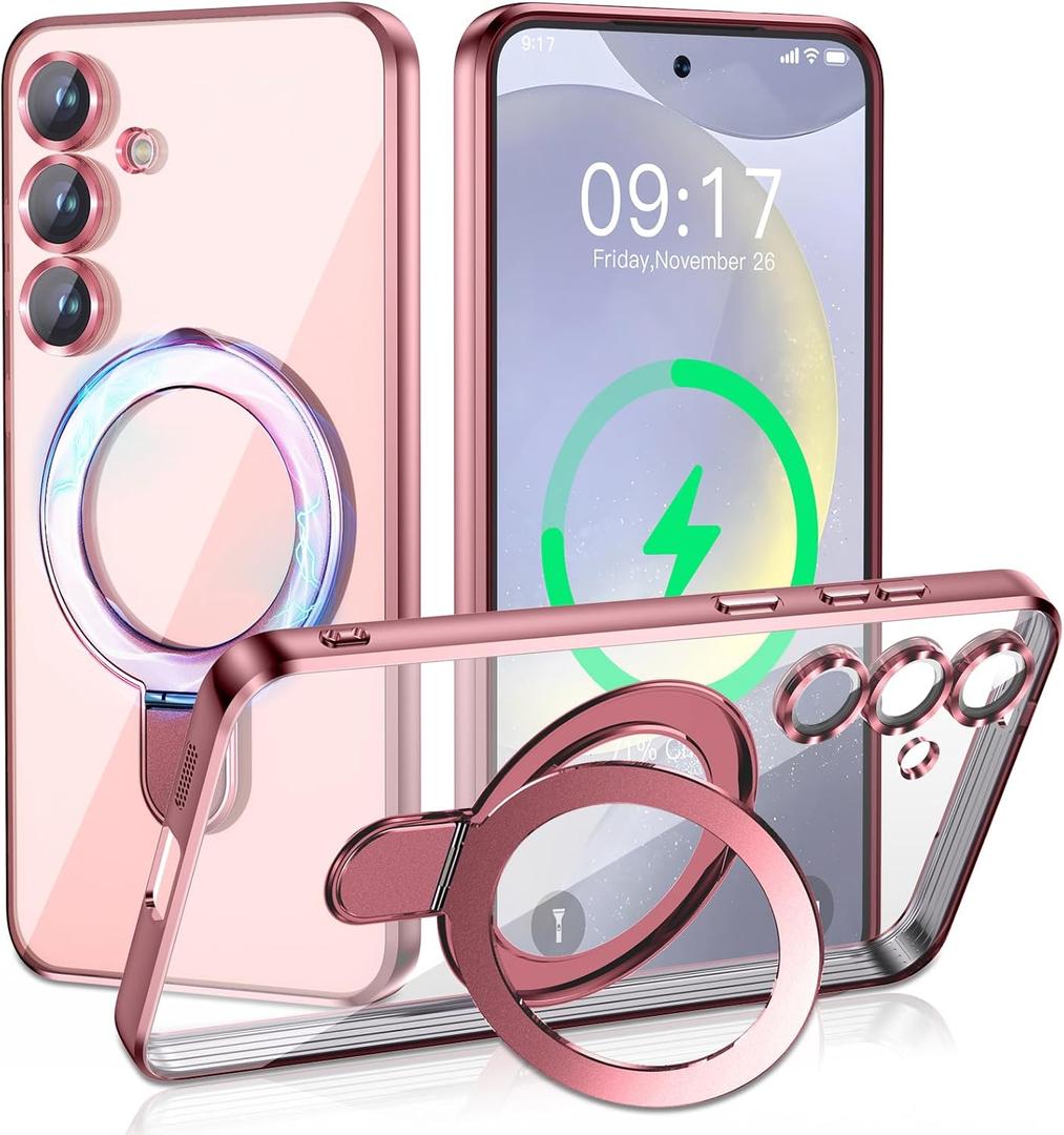 Magnetic Stand & Full Camera Lens Protector Case for Samsung Galaxy S24 Plus [Compatible with MagSafe][Military Drop Protective]Not Yellowing Clear Slim Soft S24 Plus Phone Case for Women Men,Pink