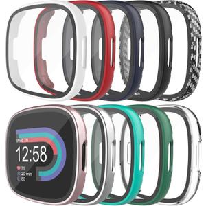 10-Pack Tempered Glass Screen Protector with Hard PC Case Compatible with Fitbit Versa 4/Sense 2, All-Around Protective Screen Full Cover Bumper Compatible for Fitbit Sense 2/Versa 4 Smart Watch