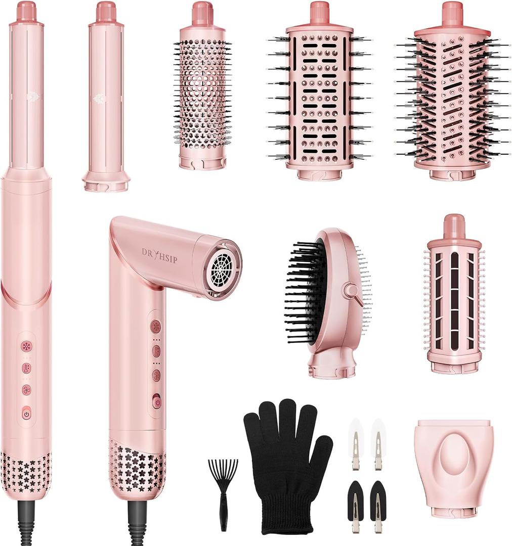 8 in 1 Hair Styler & Air Dryer Wrap Curler, High-Speed Negative Ionic Foldable Hair Tools Fast Drying, Multi Professional Hot Air Styler for Curling Volumizing Straightening Styling (Pink)
