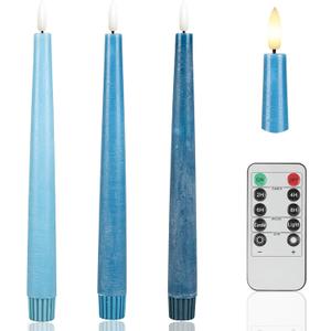 Blue Flameless Taper Candles, 9.6" Real Wax Battery Operated Candles with Remote, 3 Pack Flickering, Gradient Candlesticks, Fake Candle for Home, Wedding, Party Decor