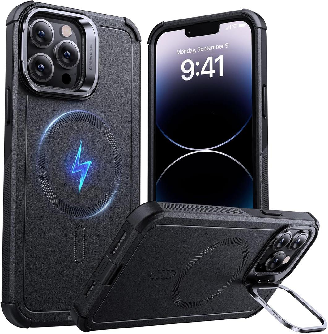 ESR for iPhone 14 Pro Case with Stand, 23 ft Military-Grade Drop Protection Heavy Duty Magnetic Phone Case, Compatible with MagSafe Accessories, Cyber Series, Black