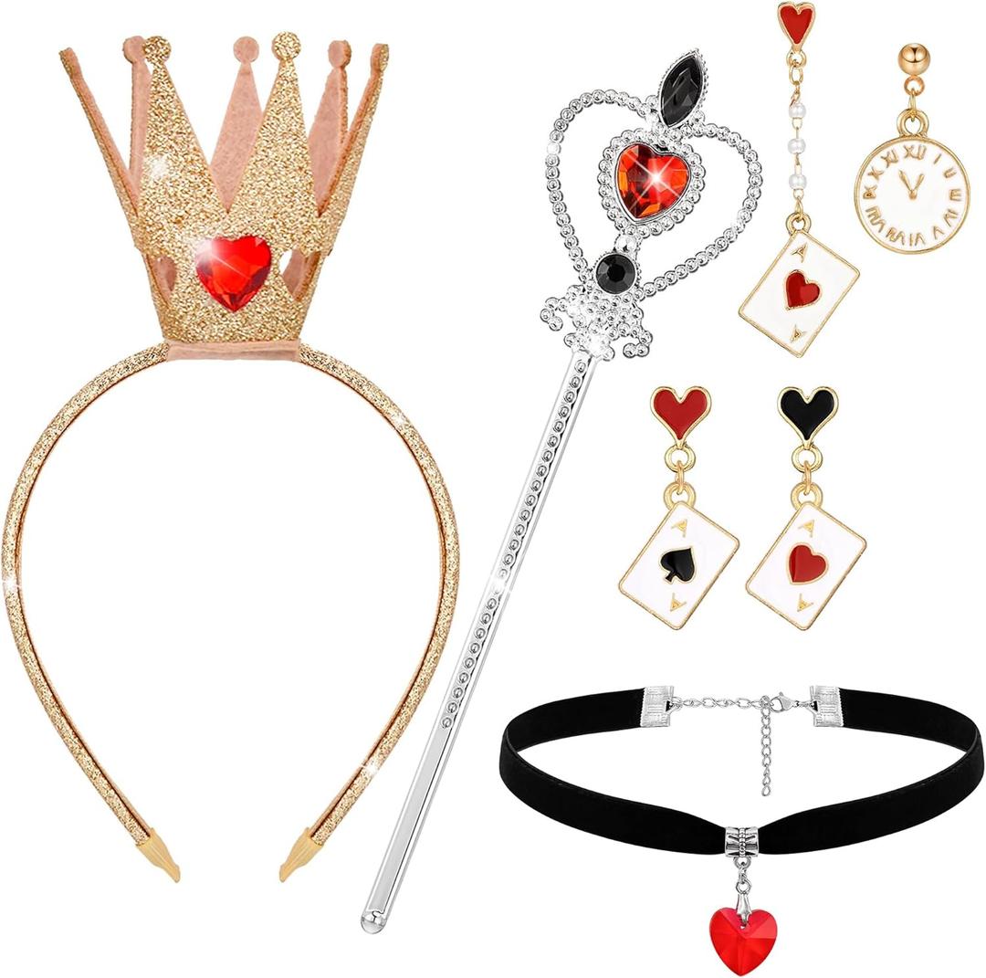 Queen Costume Accessories, Red Heart Queen Costume Set with Crown Headband Wand Choker Necklace Earrings for Women