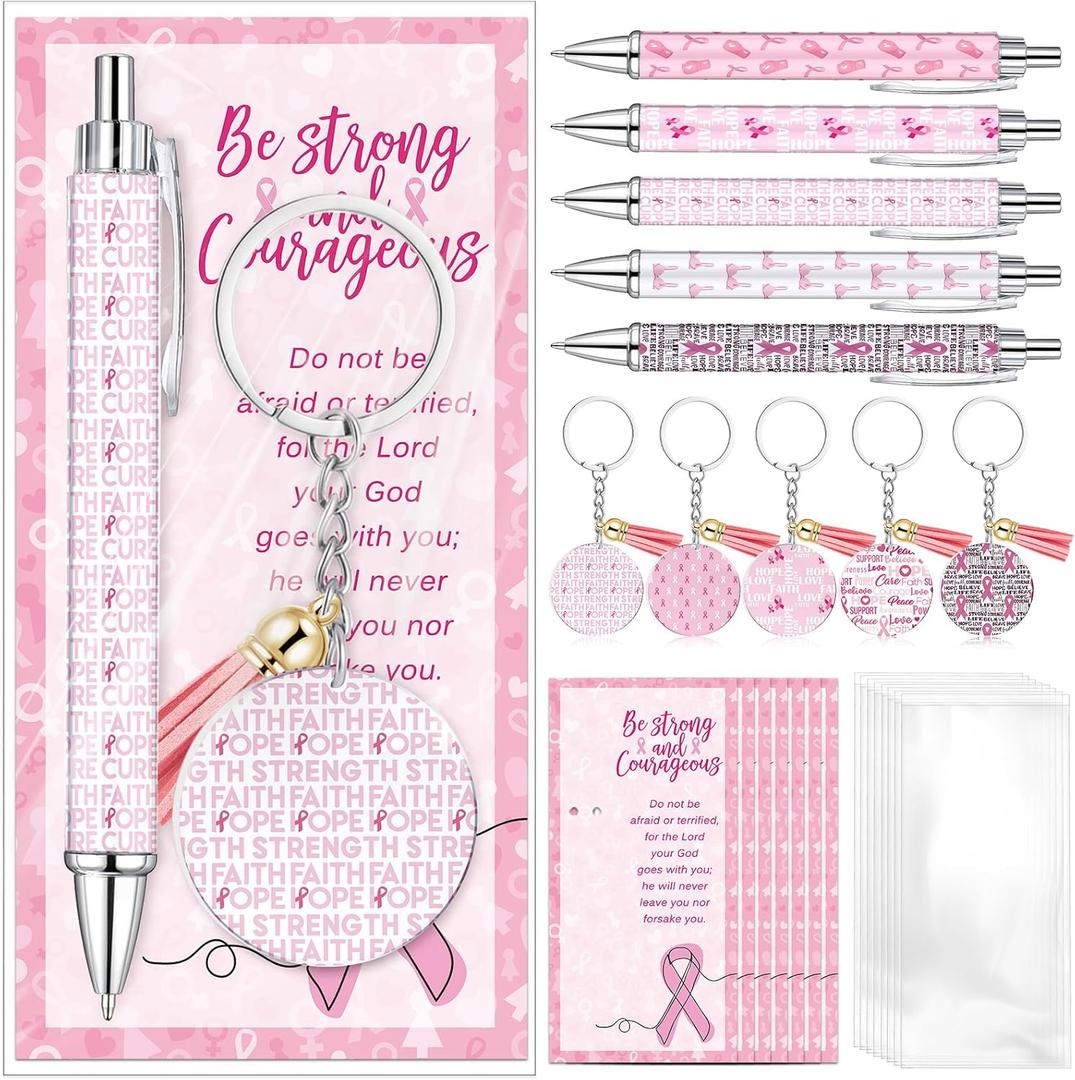 60 Set Breast Cancer Awareness Gifts Bulk Pink Ribbon Pens Keychains Motivational Cards Bags Breast Cancer Awareness Accessories Items for Women Survivor Charity Event Gift Supplies