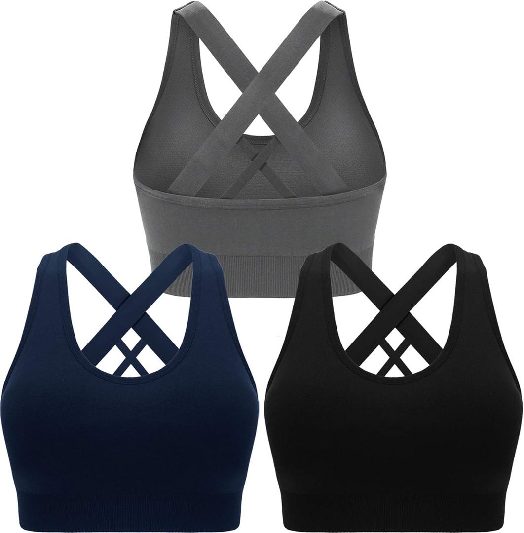 Double Couple Sports Bras for Women Padded High Impact Seamless Criss Cross Back Workout Tops Gym Activewear Bra (Large, Black+Gray+Navy)