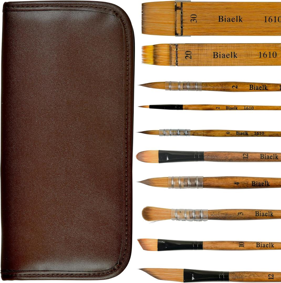 Professional Watercolor Brushes Set,Soft Synthetic Bristle,Rounds/Hake/Dagger Brushes for Detail,Wash, Acrylics,Inks Gouache Oil,10 Sizes Biaelk with Travel Case,for Aritists,Beginners Painting