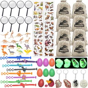 Dinosaur Party Favors for Kids,Dino Birthday Toys with Hatchable Eggs,Glow-in-the-Dark Keychains, Skeleton Models,3D Stickers & Magnifying Glass  Dinosaur Themed Party Toys for Boys & Girls
