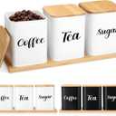Tioncy Coffee Tea Sugar Container with Tray Set of 3 Airtight Metal Canister with Bamboo Lid Tray for Kitchen Counter Dining Room Farm House Kitchen Style Drink Station Organizer Set (White)